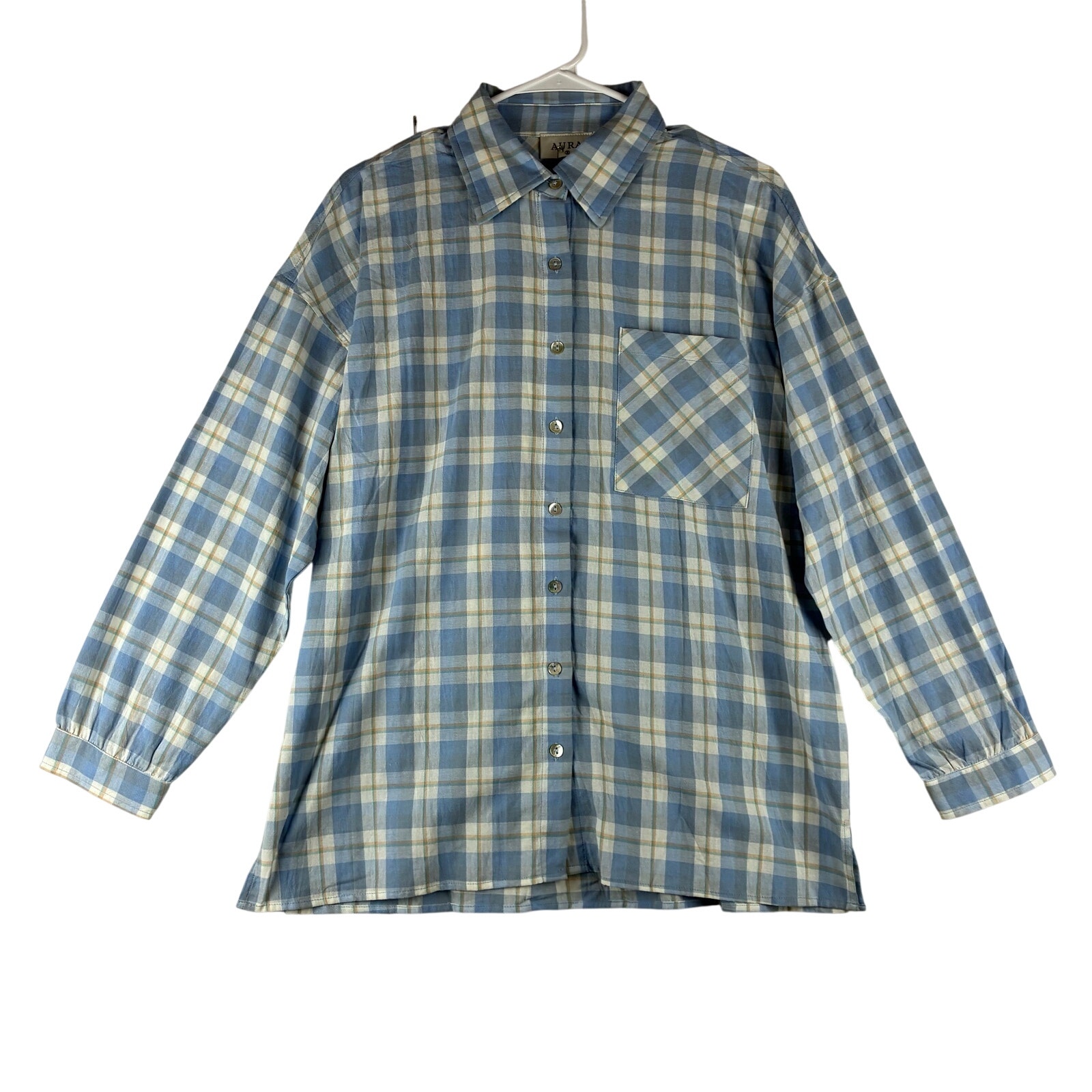 Aura Long Sleeve Blue Plaid Button Up Shirt Women Small New Western Mother Pearl